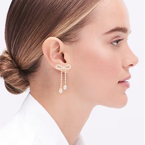 NWT Gold Pearl Bow Dangle Drop Earrings - Picture 2 of 6